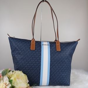 LARGE MICHAEL KORS BLUE WHITE STRIPE TOTE PURSE SATCHEL BAG WOMENS